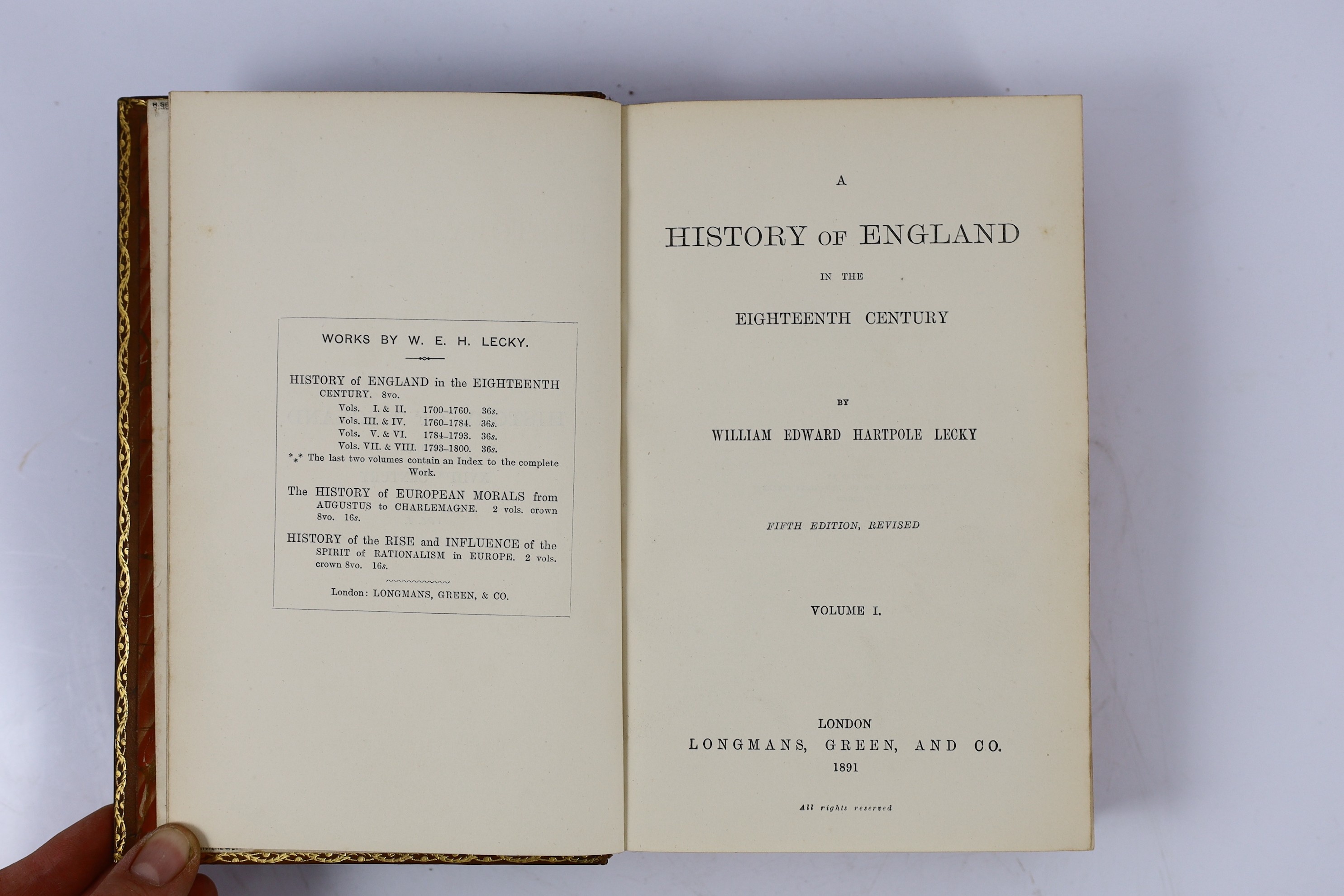 Lecky, William Edward Hartpole - A History of England in the Eighteenth Century. 8 vols. (mixed editions). contemp. tree calf, gilt-tooled covers